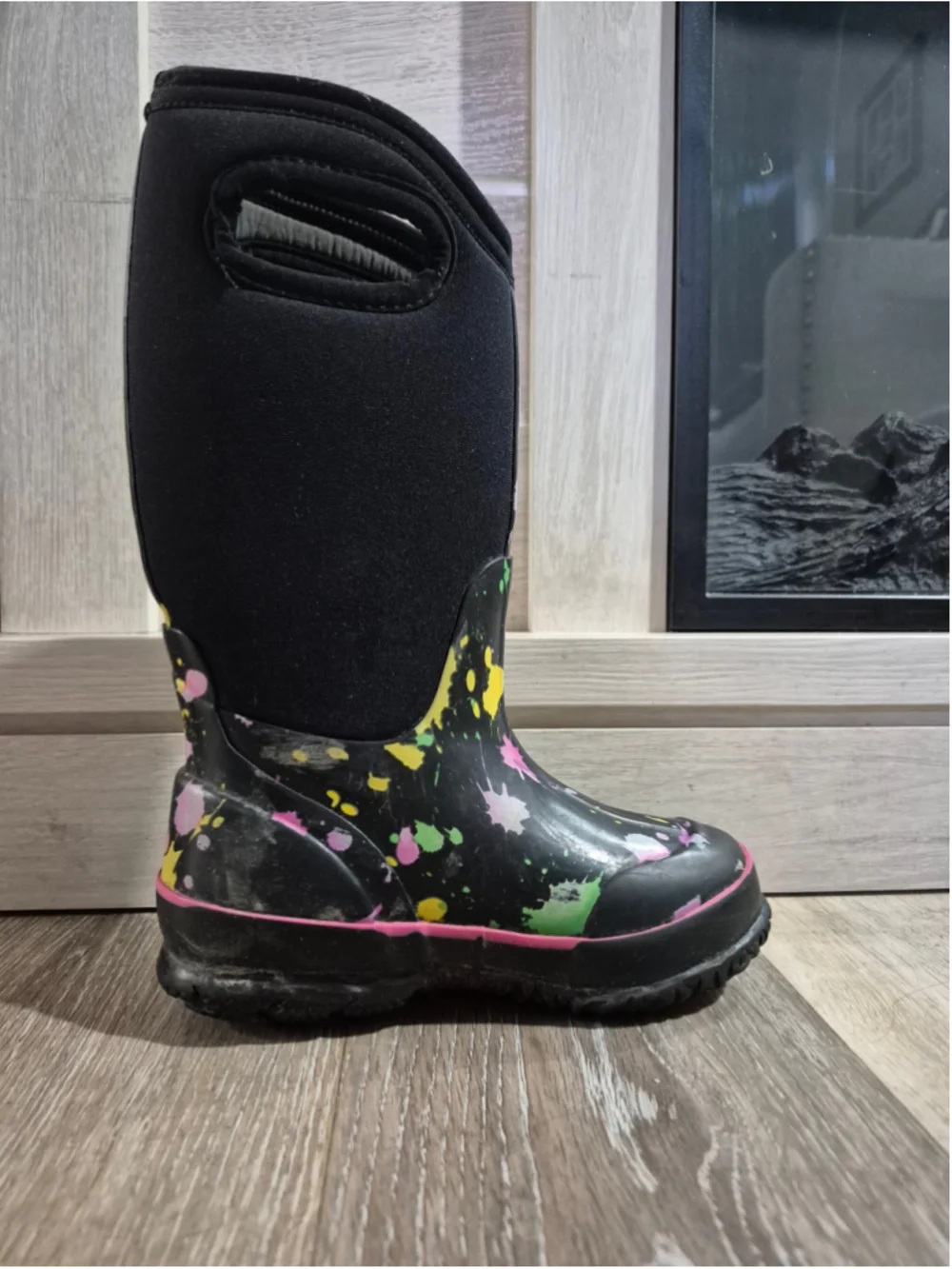 Girls Bogs Paint Splatter Rain Boots Size 11 Black Multi-color